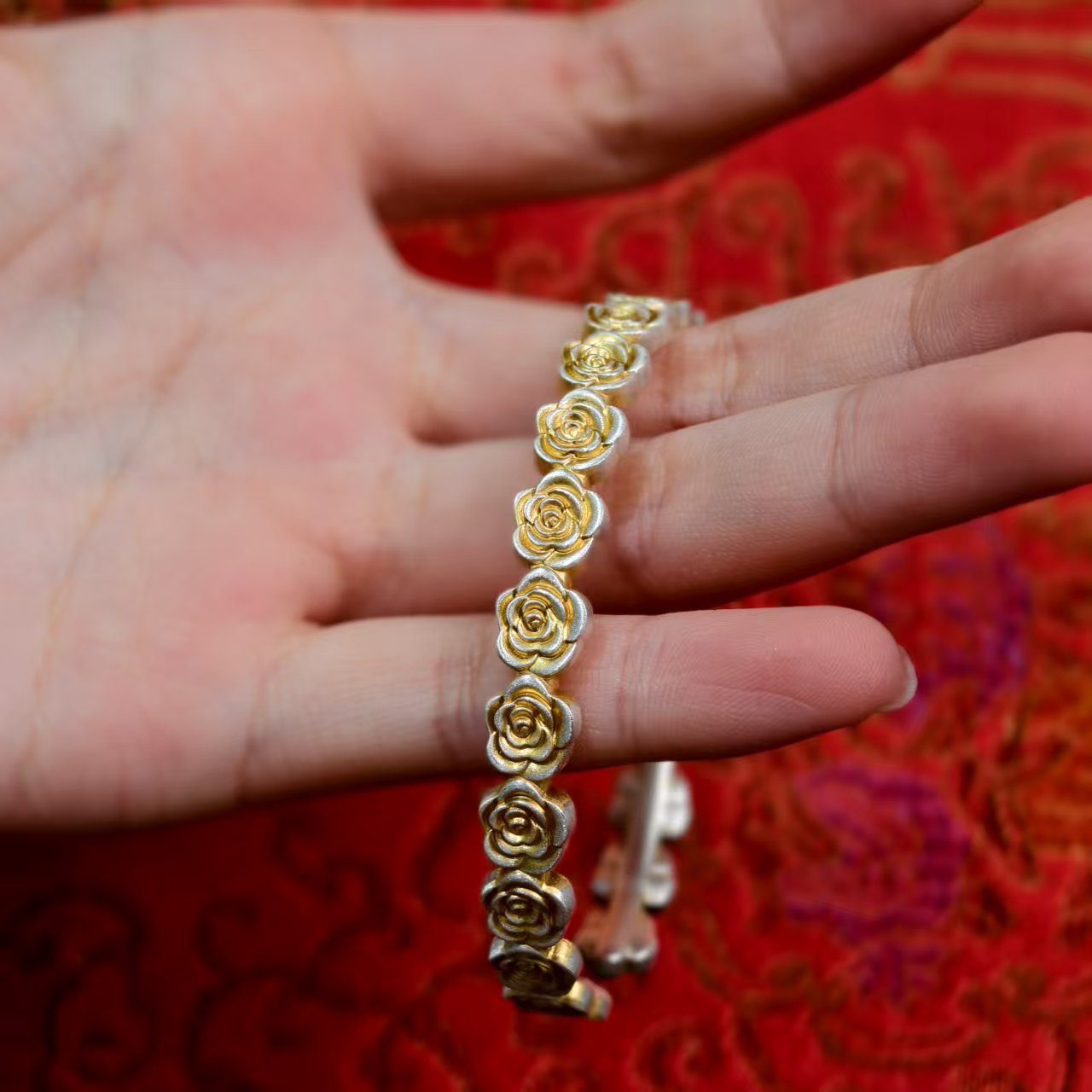 Luxury Rose-Patterned Gold-Plated Bracelet Sterling Silver Traditional-Style Bangle Ideal Gift | POD Customizable