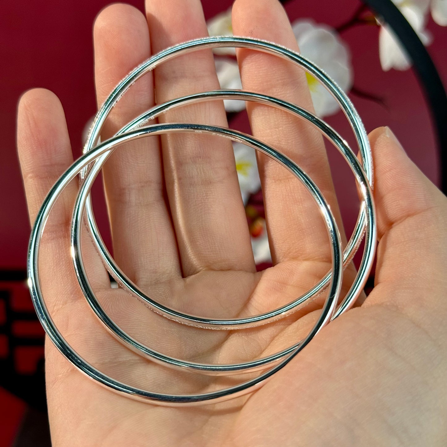 S925 “Three Lives, Three Worlds” Polished Delicate Bangle (Women's Style) — Layered elegance on the wrist, tenderly concealing poetic charm. | POD Customizable