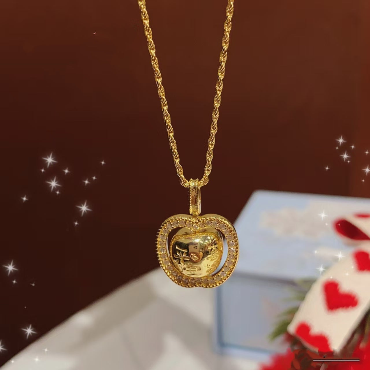 S925 Christmas Sparkling Gold Apple Pendant Necklace – "Ping An" (Peace & Safety) Lucky Charm for Holiday Gifting