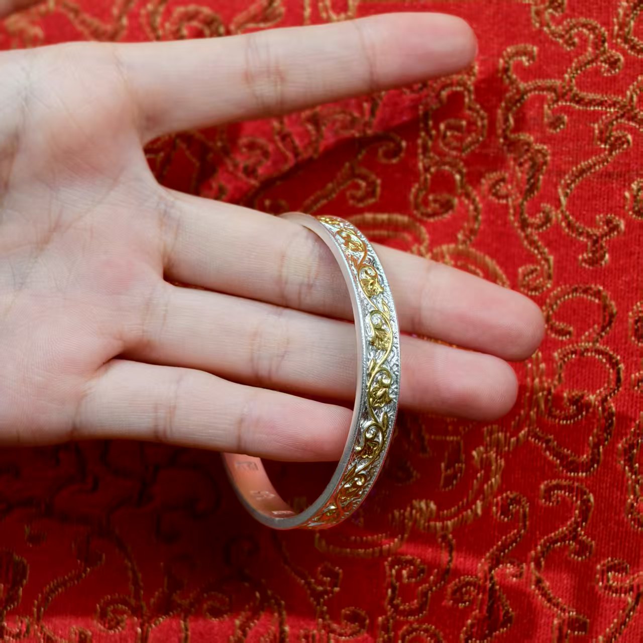 Luxury-grade gold-painted floral pattern bracelet Sterling silver traditional-style bangle Ideal gift selection | POD Customizable