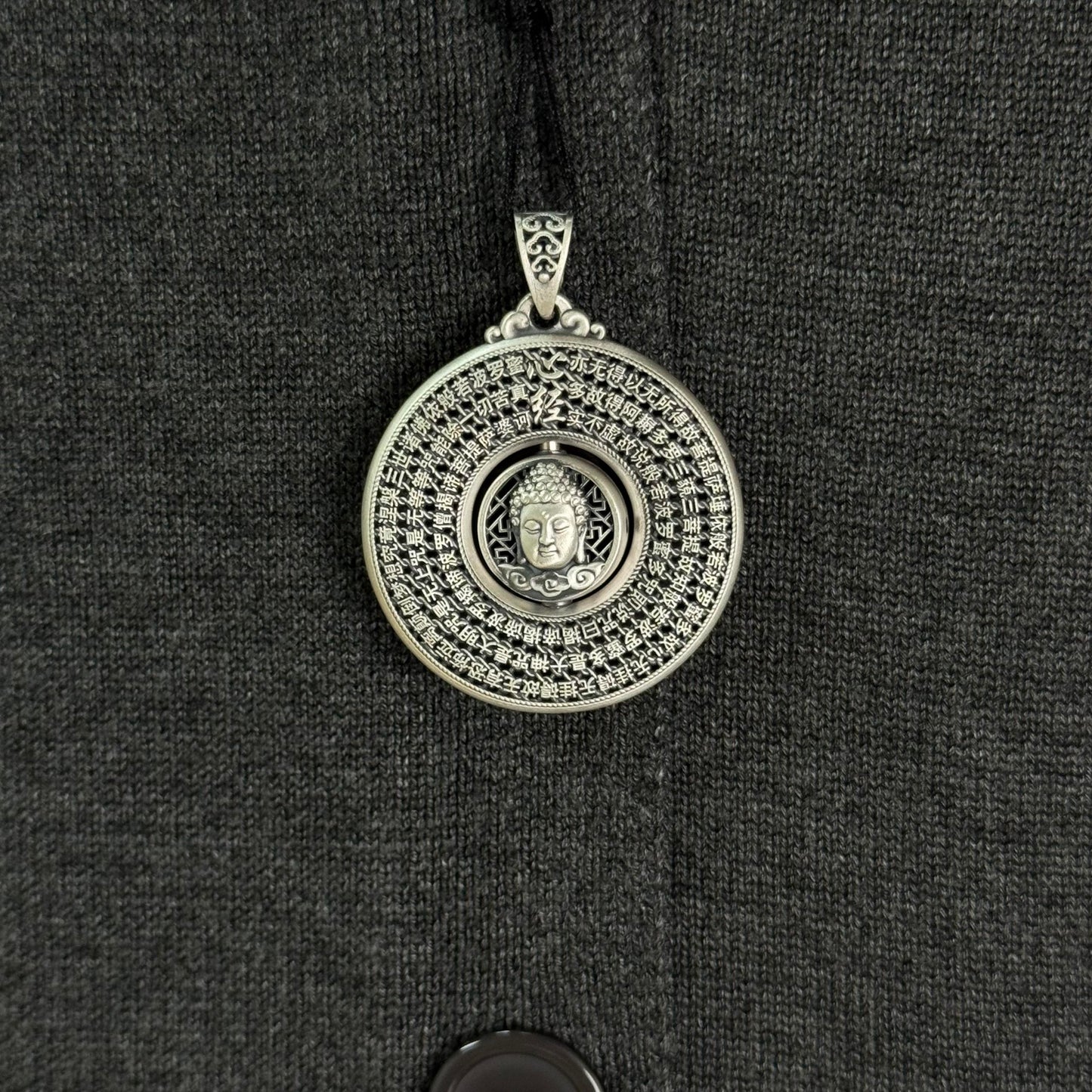 Solid Silver Rotatable Buddha Head & Heart Sutra Pendant – Carry Peaceful Blessings as a Portable Calm Token