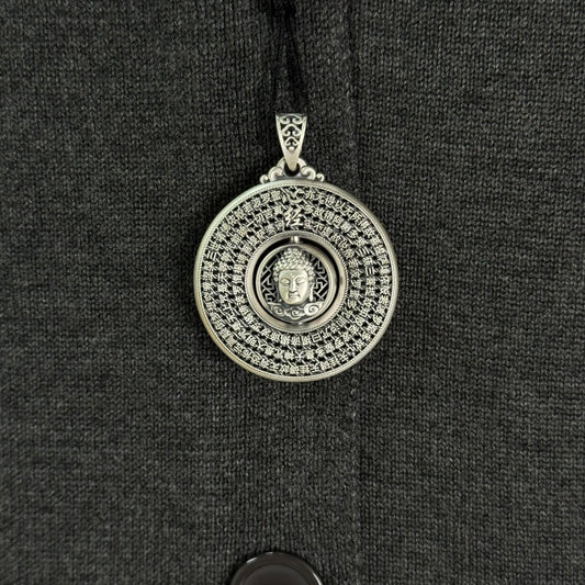 Solid Silver Rotatable Buddha Head & Heart Sutra Pendant – Carry Peaceful Blessings as a Portable Calm Token