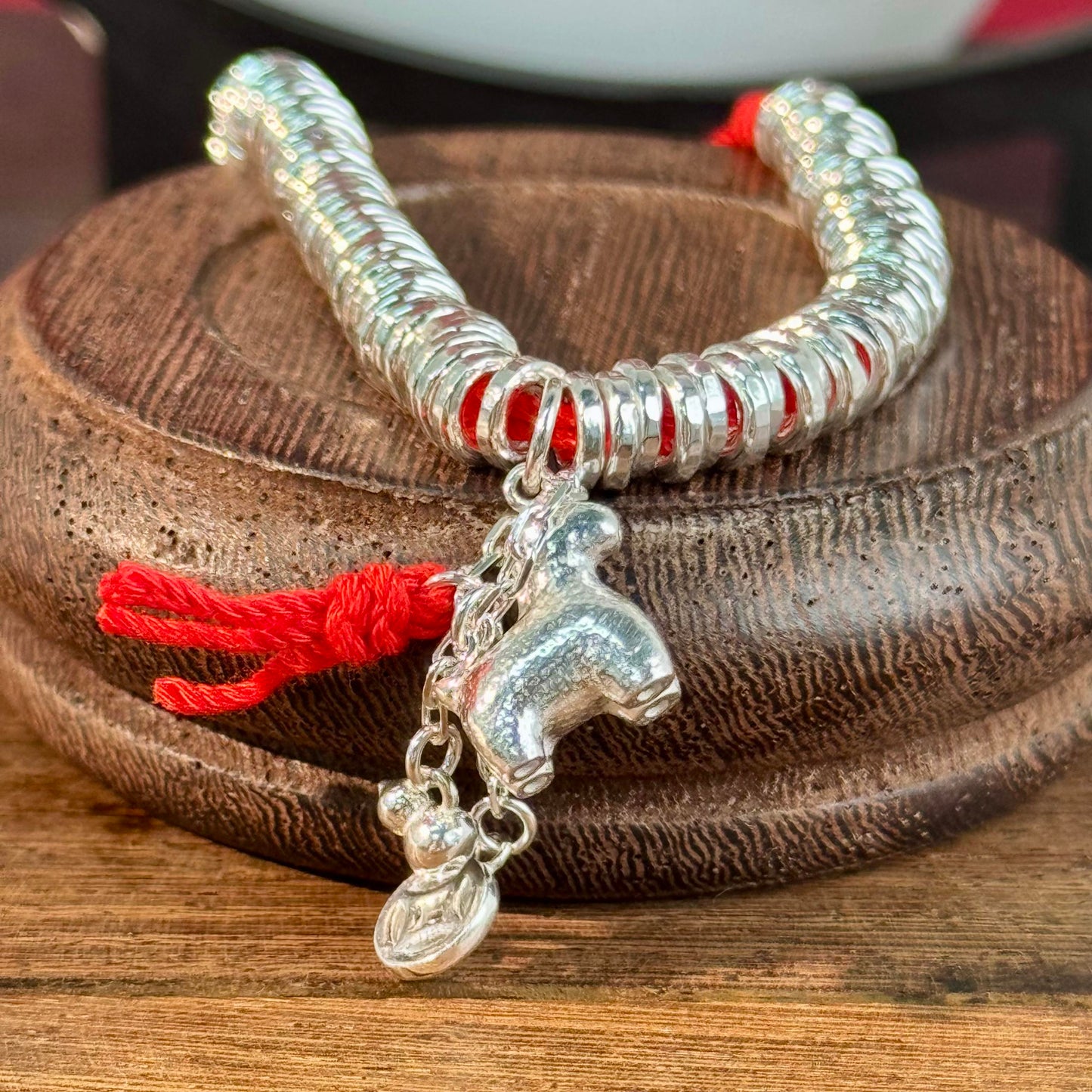 Silver Beaded Red String "Auspicious Cute Ox" Bracelet – Silver Beads Wrapped in Red, Auspicious & Playful Vibe on Wrist | POD Customizable