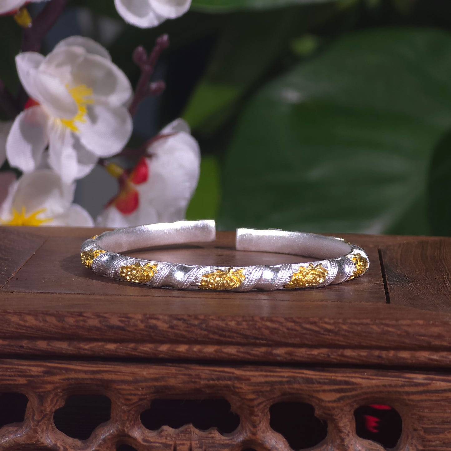 Fine Silver Gilded Carved Peony Chinese Style Bracelet Elegant and Versatile Gift | POD Customizable