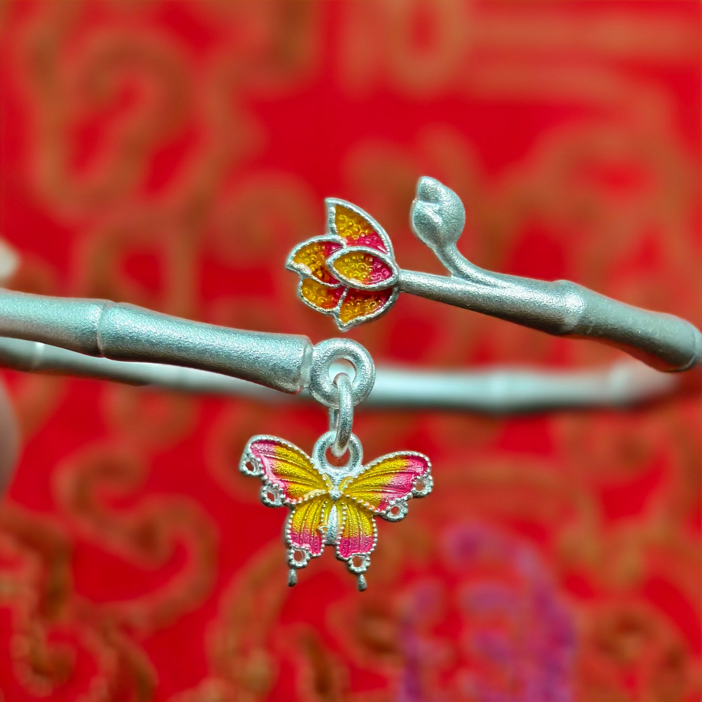 Luxury Bamboo-Knot Butterfly Flower Bracelet Fine Silver Traditional-Style Bangle Elegant Gift for Special Occasions | POD Customizable