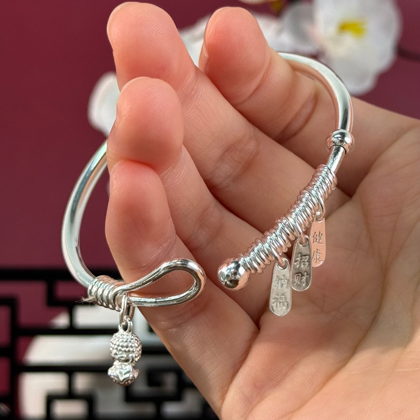 Pure Silver Braided Wire Pendant Bangle – Lucky Charms on Wrist, Delicate & Blessed | POD Customizable