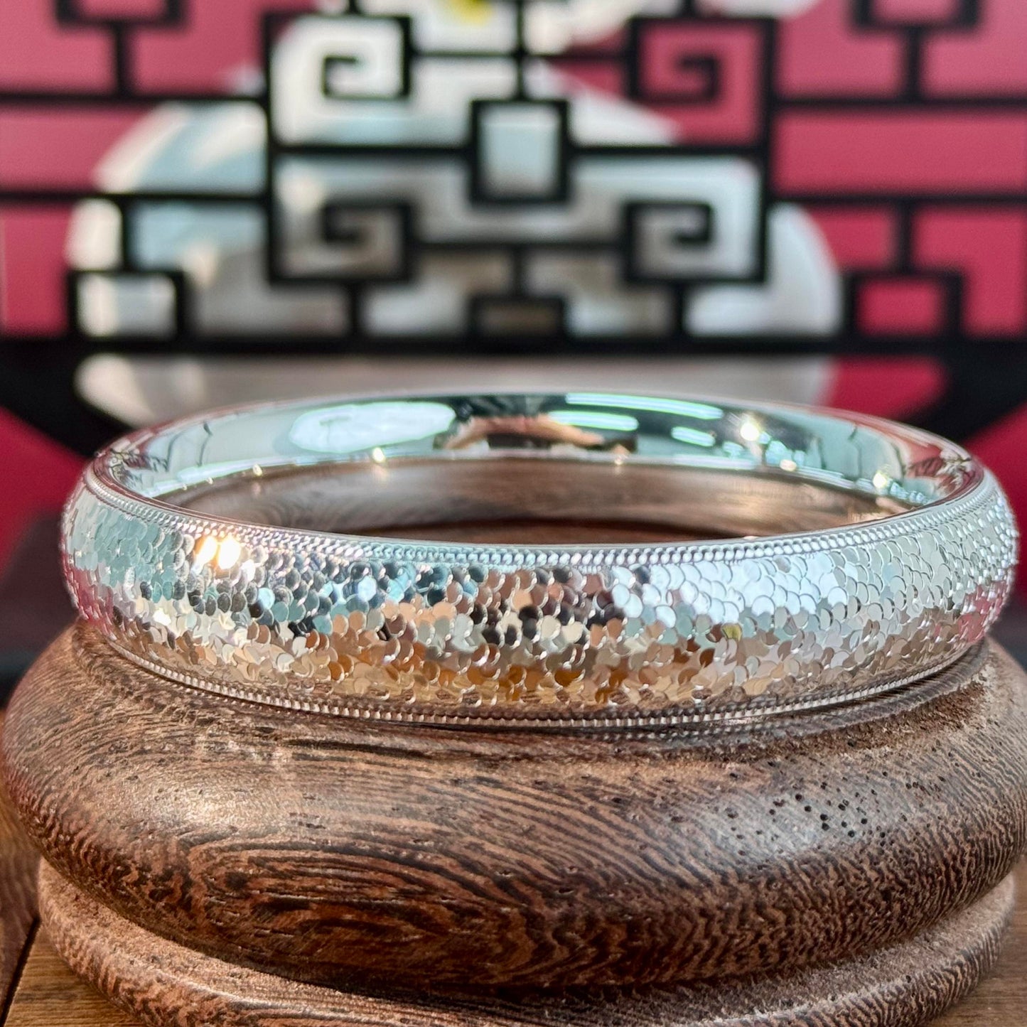 Silver "Scaly Texture & Soft Shine" Wide Bangle – Light Hides in Texture, Premium Vibe on Wrist | POD Customizable