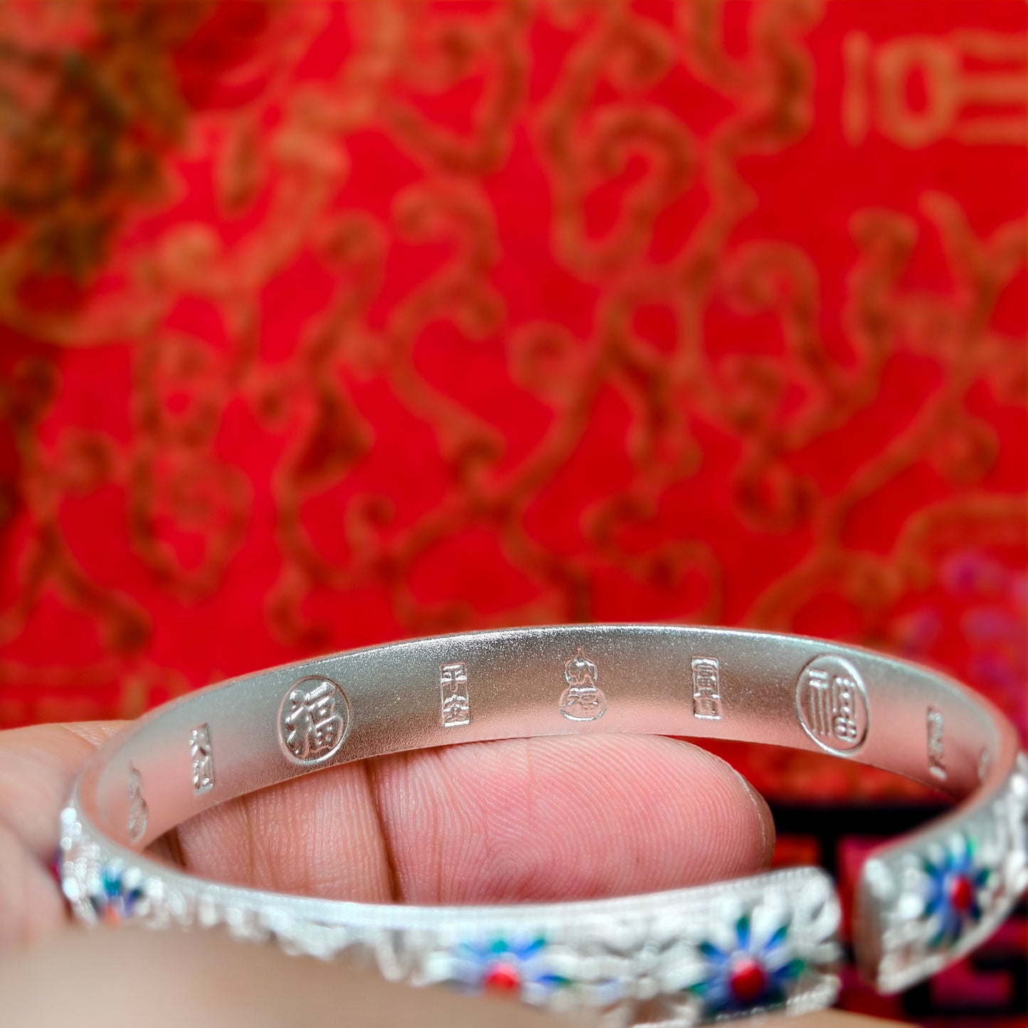 Luxury Cloisonné Daisy Bracelet Sterling Silver with Traditional Engraving Traditional Chinese Style Ideal Gift | POD Customizable