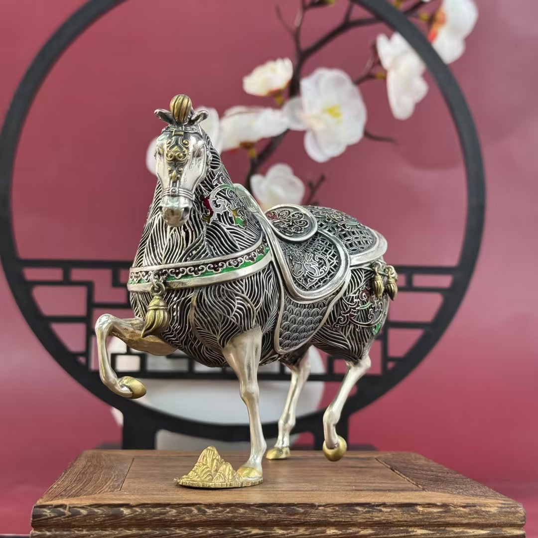 Pure Silver Filigree Enamel Horse Ornament – Silver-Carved Horse Treads on Clouds, Enamel Holds Auspiciousness | POD Customizable