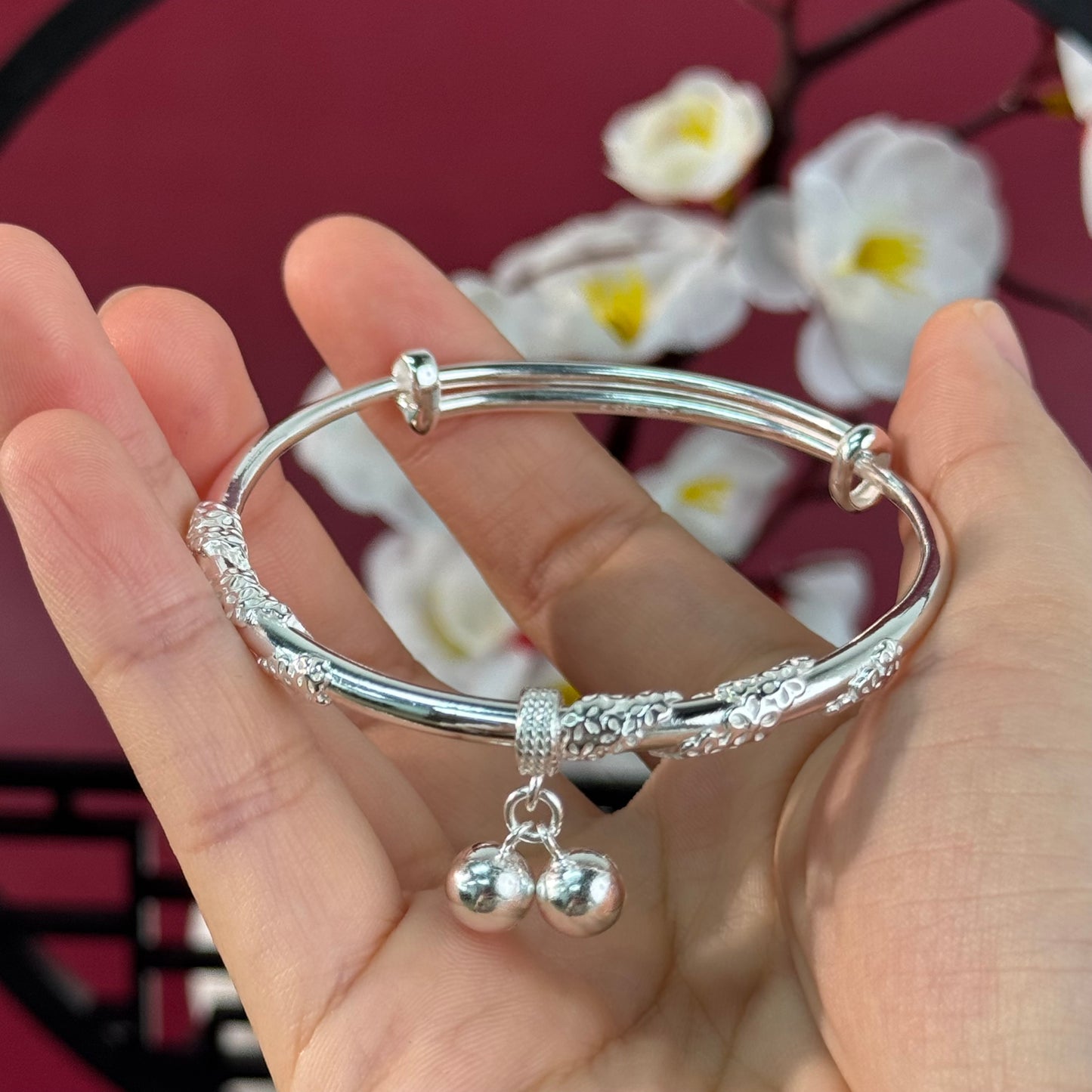 S925 Floral Motif Double Bell Bracelet—Blooming floral charm on your wrist, with the tinkling bells bringing joy. | POD Customizable