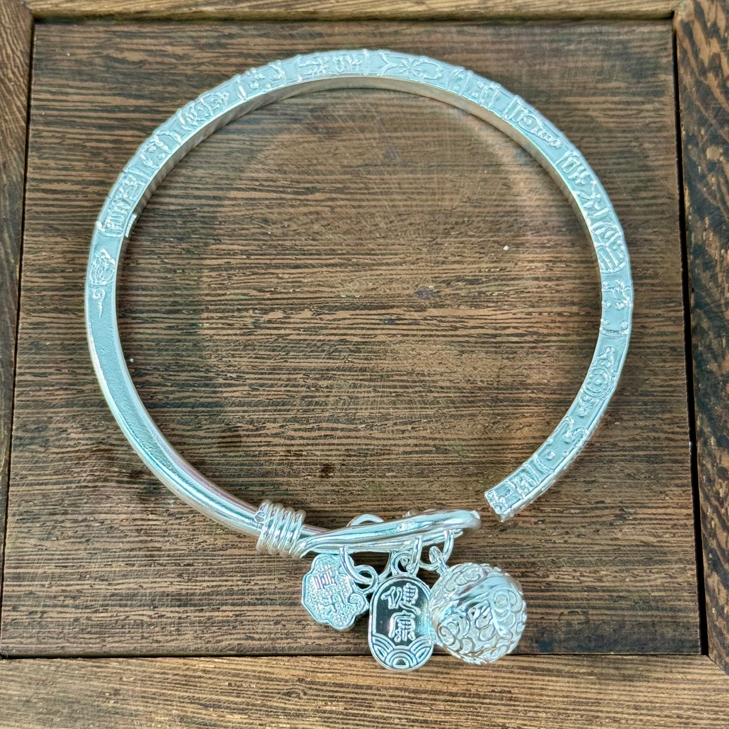 Pure Silver Bell & Pattern "Good Fortune & Bliss" Bangle – Luck Woven in Patterns, Blessings in Bell Chimes | POD Customizable