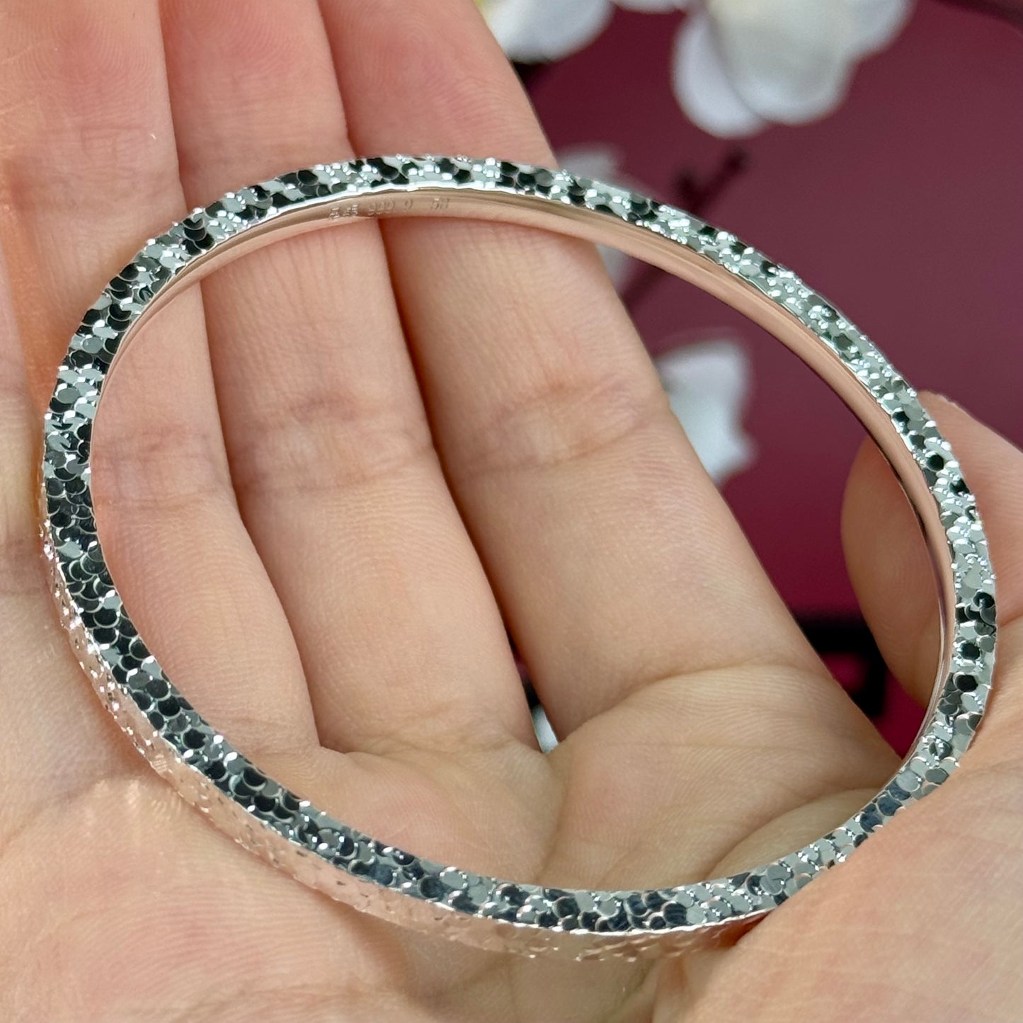 Silver "Sparkle Texture" Slim Bangle – Shimmer Hides on Wrist, Understated Dynamic Luxury | POD Customizable