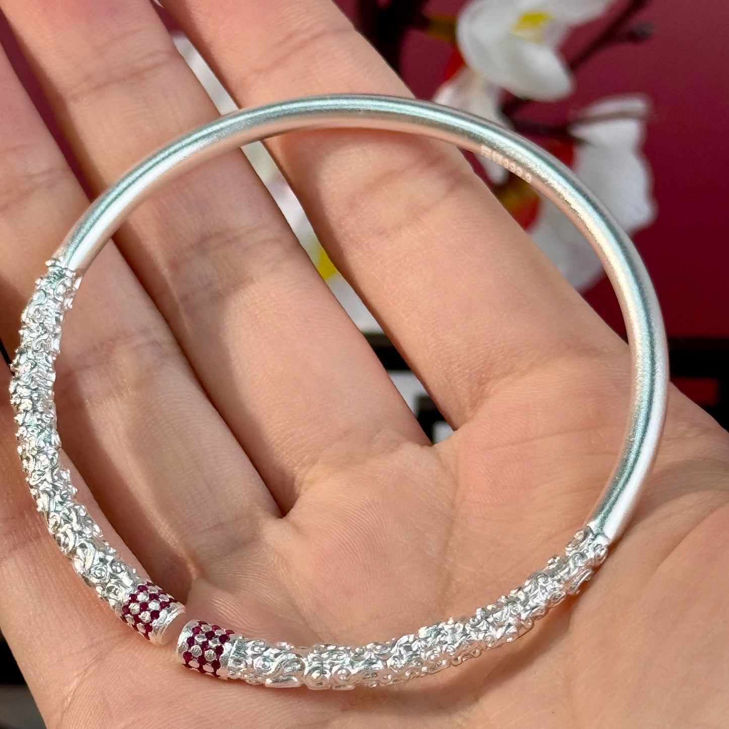 Silver with Diamond Accents "Intertwined Branch Charm" Open Bangle – Silver Texture with Red Accents, Elegant Atmosphere on Wrist | POD Customizable