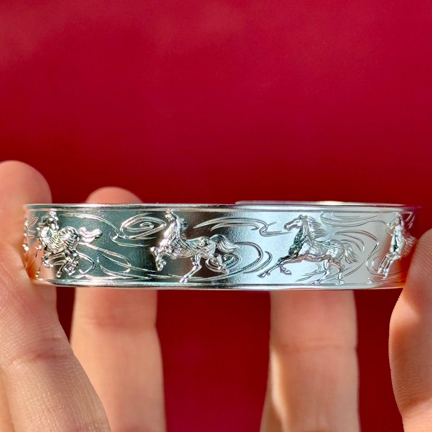 Silver Product "Galloping Horse Pattern Open Bangle" – Silver Steed on Wrist, Fortune Follows Always | POD Customizable