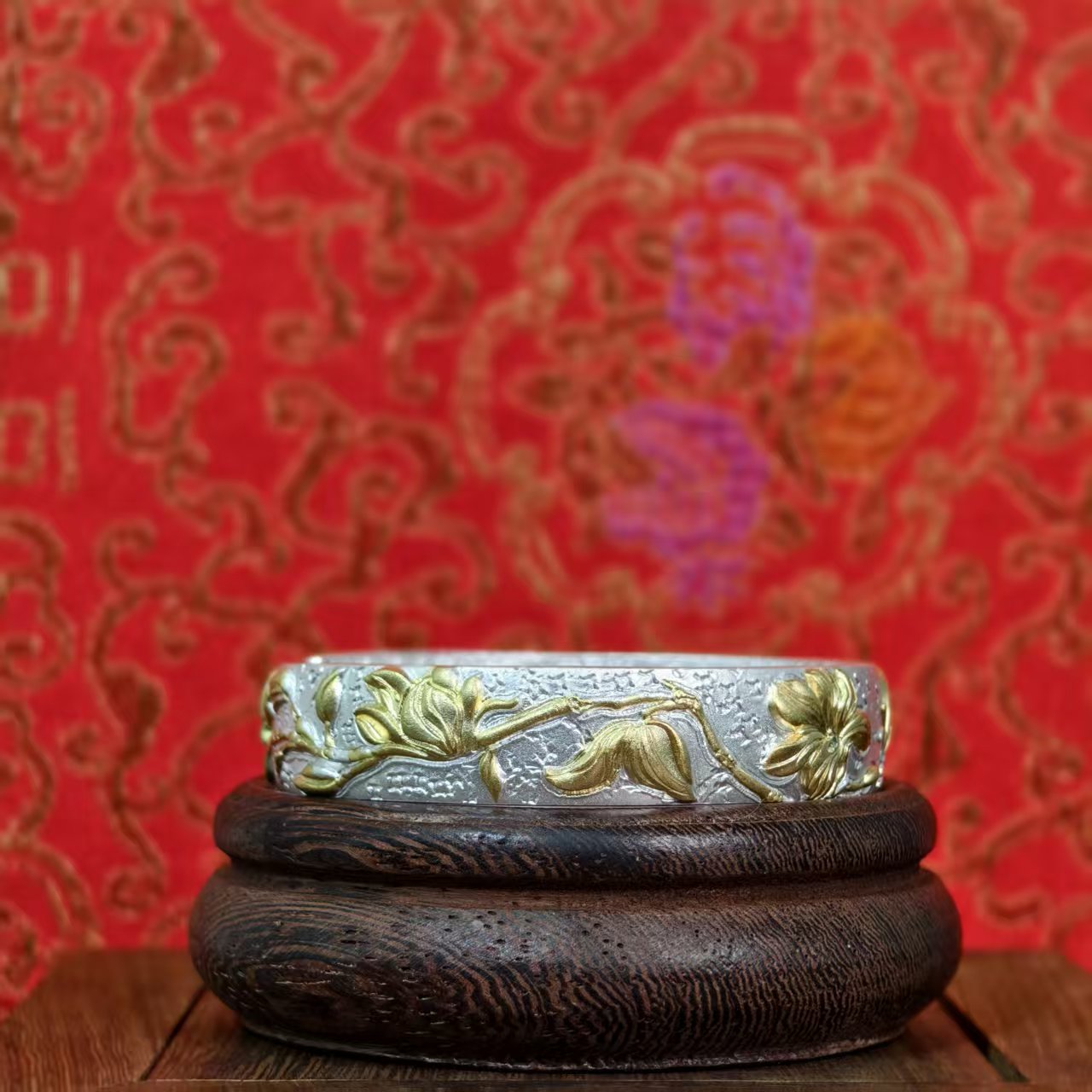 Luxury Floral Gold-Plated Bracelet Sterling Silver Traditional-Style Bangle Ideal Gift | POD Customizable