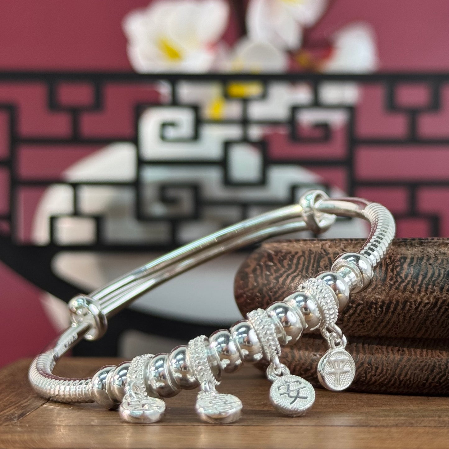 Silver "Peace & Joy" Adjustable Bangle | POD Customizable