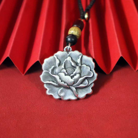 Retro Peony Solid Silver Pendant – Wear the Elegance of China’s "National Flower" as a Romantic Chinese-Style Accessory | POD Customizable