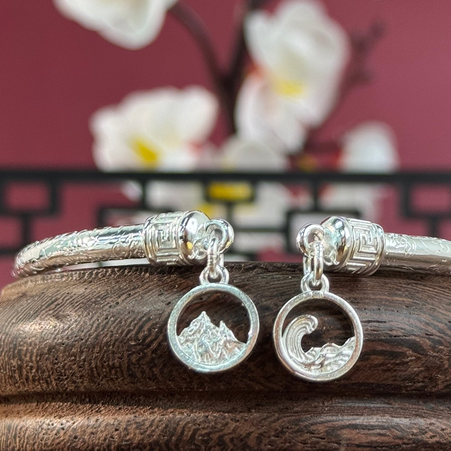 Pure Silver Mountain & Sea Pattern Bangle – World in Your Wrist, Rivers & Peaks in Silver | POD Customizable