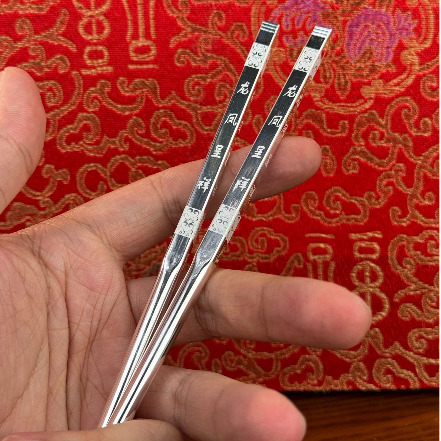 Solid Silver "Dragon & Phoenix Auspiciousness" Chopsticks – Infuse Chinese Good Fortune into Daily Meals | POD Customizable