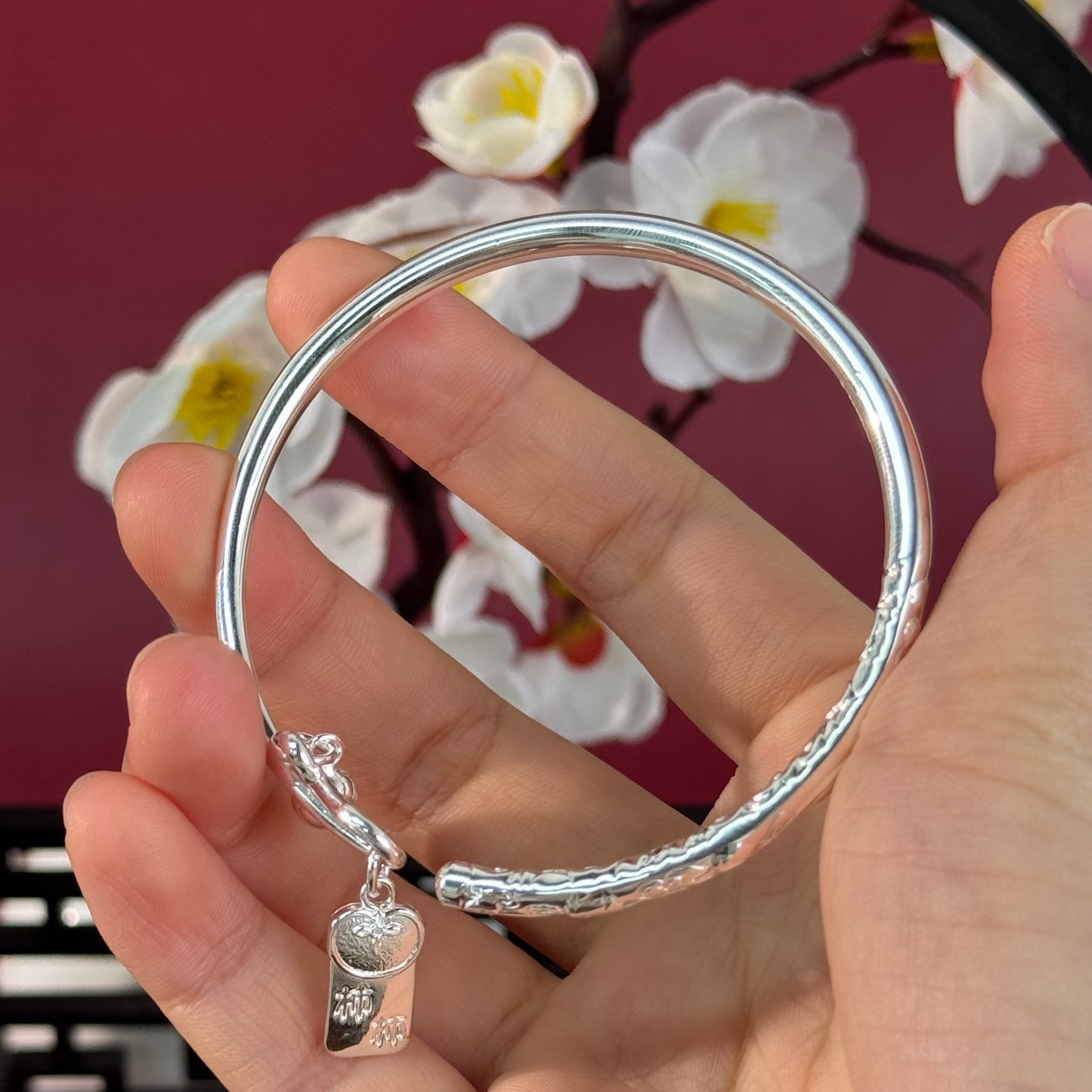 Pure Silver Bamboo Joint "Shishi Ruyi" Bangle – Bamboo Charm & Wrist Blessings | POD Customizable