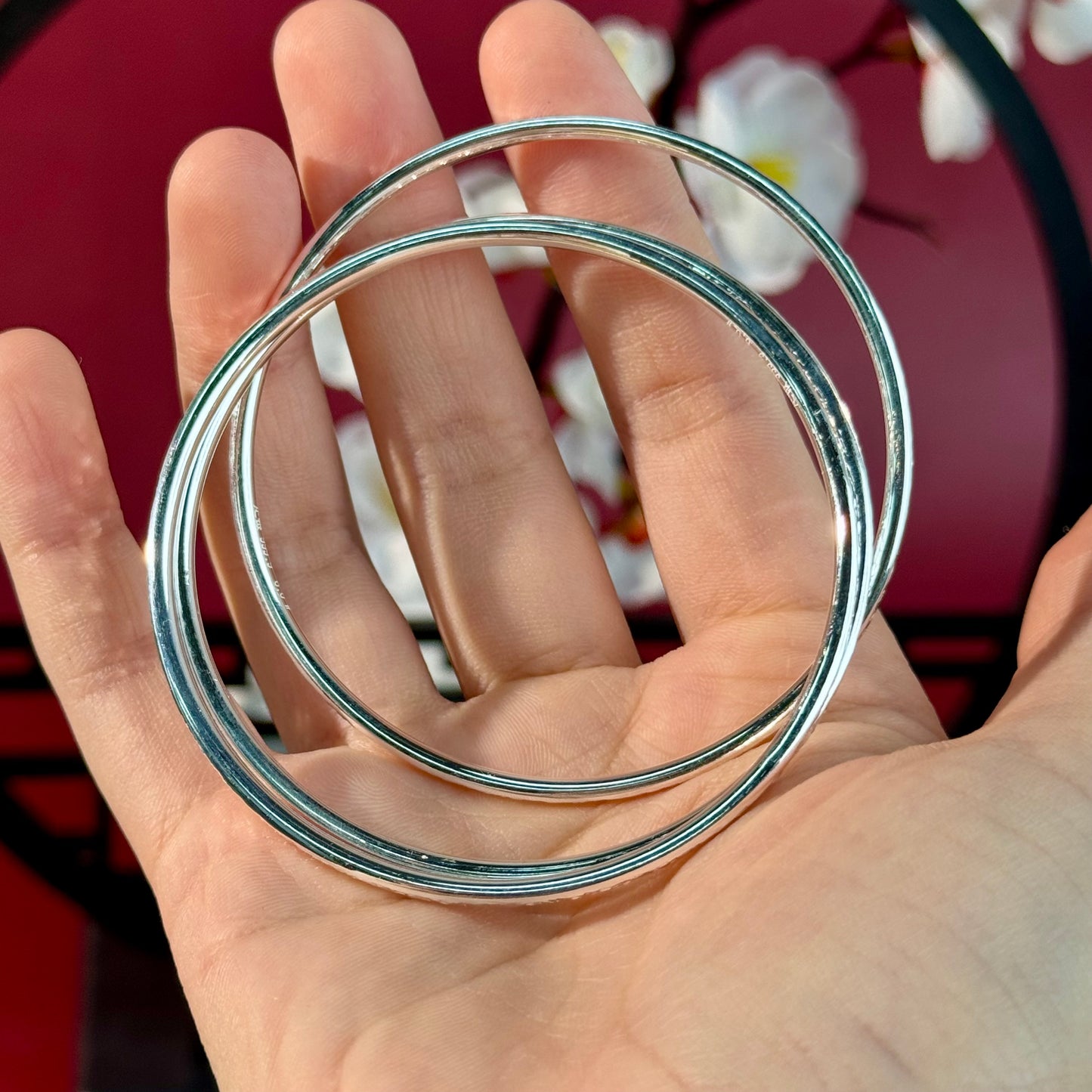 S925 “Three Lives, Three Worlds” Polished Delicate Bangle (Women's Style) — Layered elegance on the wrist, tenderly concealing poetic charm. | POD Customizable