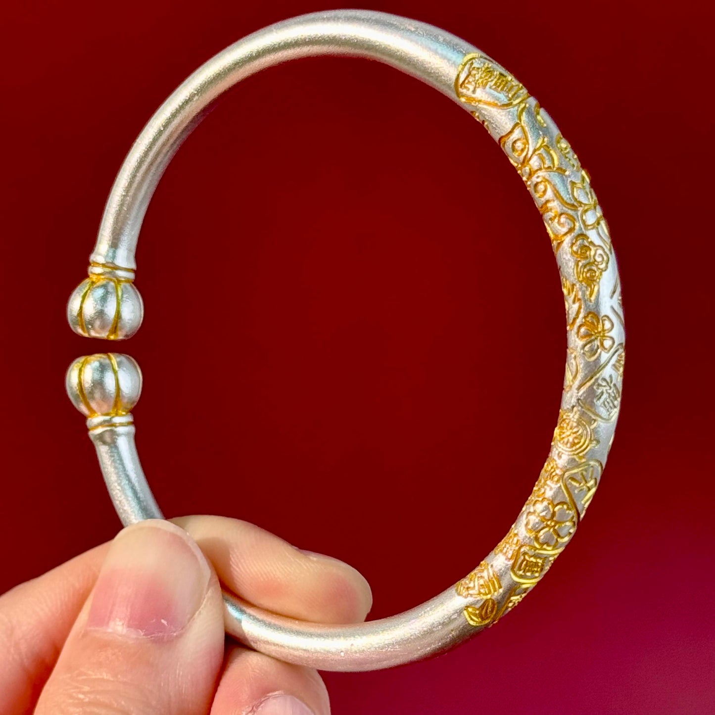 Silver with Gold Accents "Gilded Pumpkin Head · Hundred Blessings & Lotus Pattern" Open Bangle – Auspicious Pumpkin on Wrist, Blessings Wrapped in Tenderness | POD Customizable