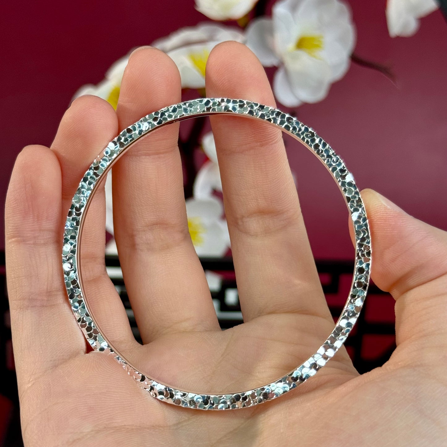 Silver "Sparkle Texture" Slim Bangle – Shimmer Hides on Wrist, Understated Dynamic Luxury | POD Customizable