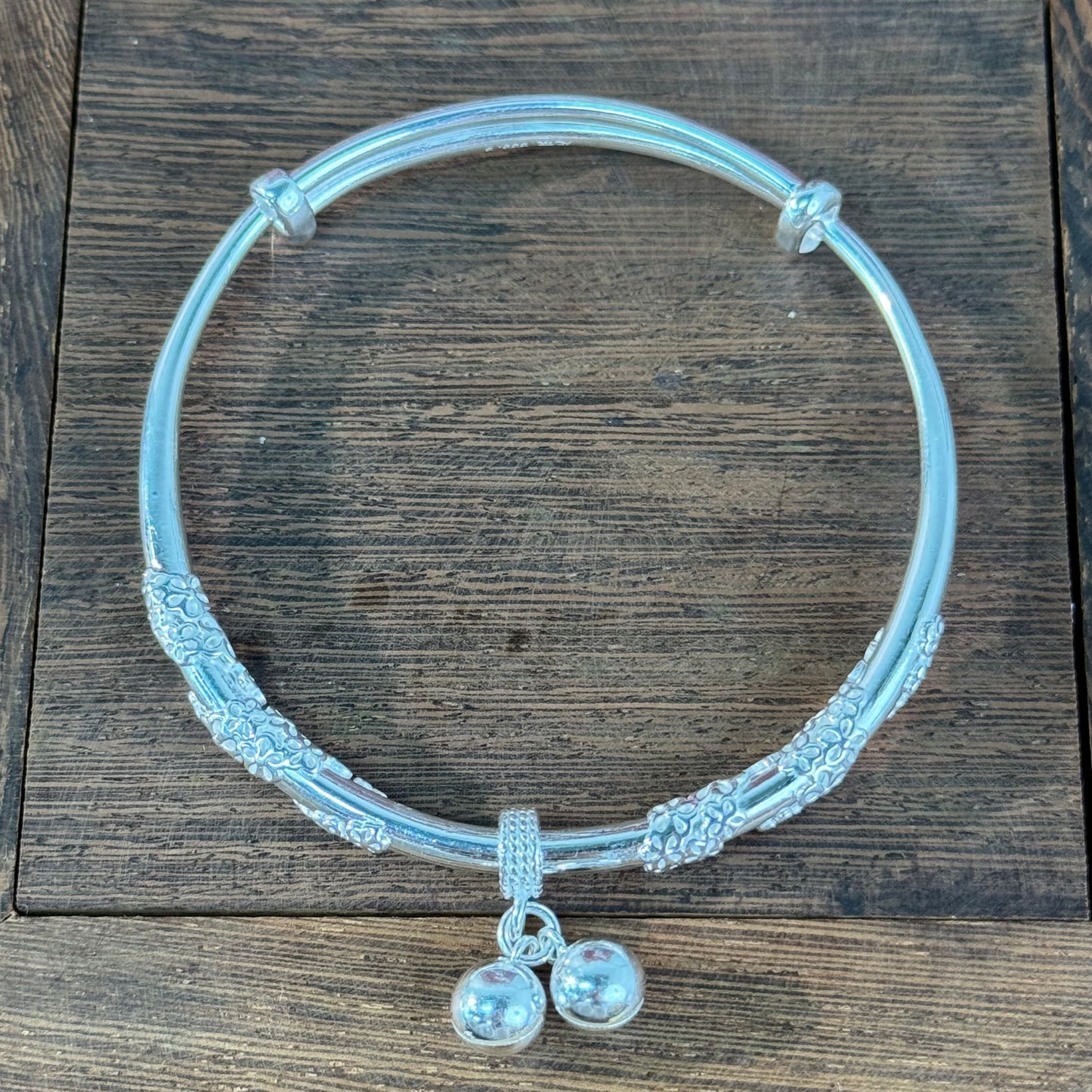 S925 Floral Motif Double Bell Bracelet—Blooming floral charm on your wrist, with the tinkling bells bringing joy. | POD Customizable