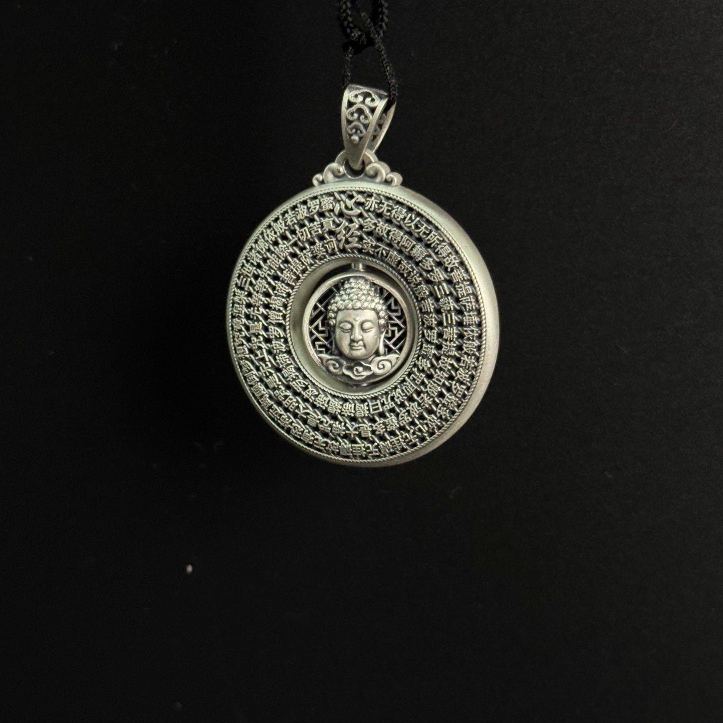 Solid Silver Rotatable Buddha Head & Heart Sutra Pendant – Carry Peaceful Blessings as a Portable Calm Token
