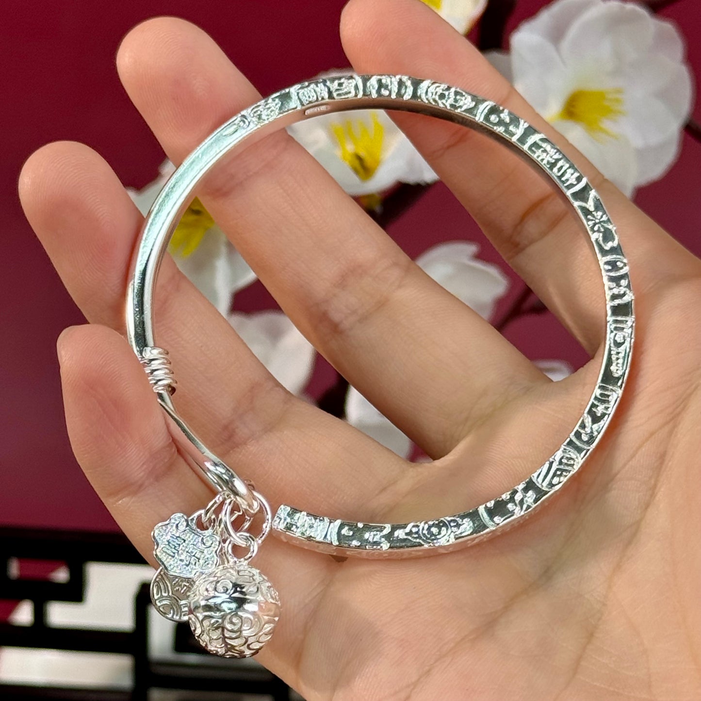 Pure Silver Bell & Pattern "Good Fortune & Bliss" Bangle – Luck Woven in Patterns, Blessings in Bell Chimes | POD Customizable