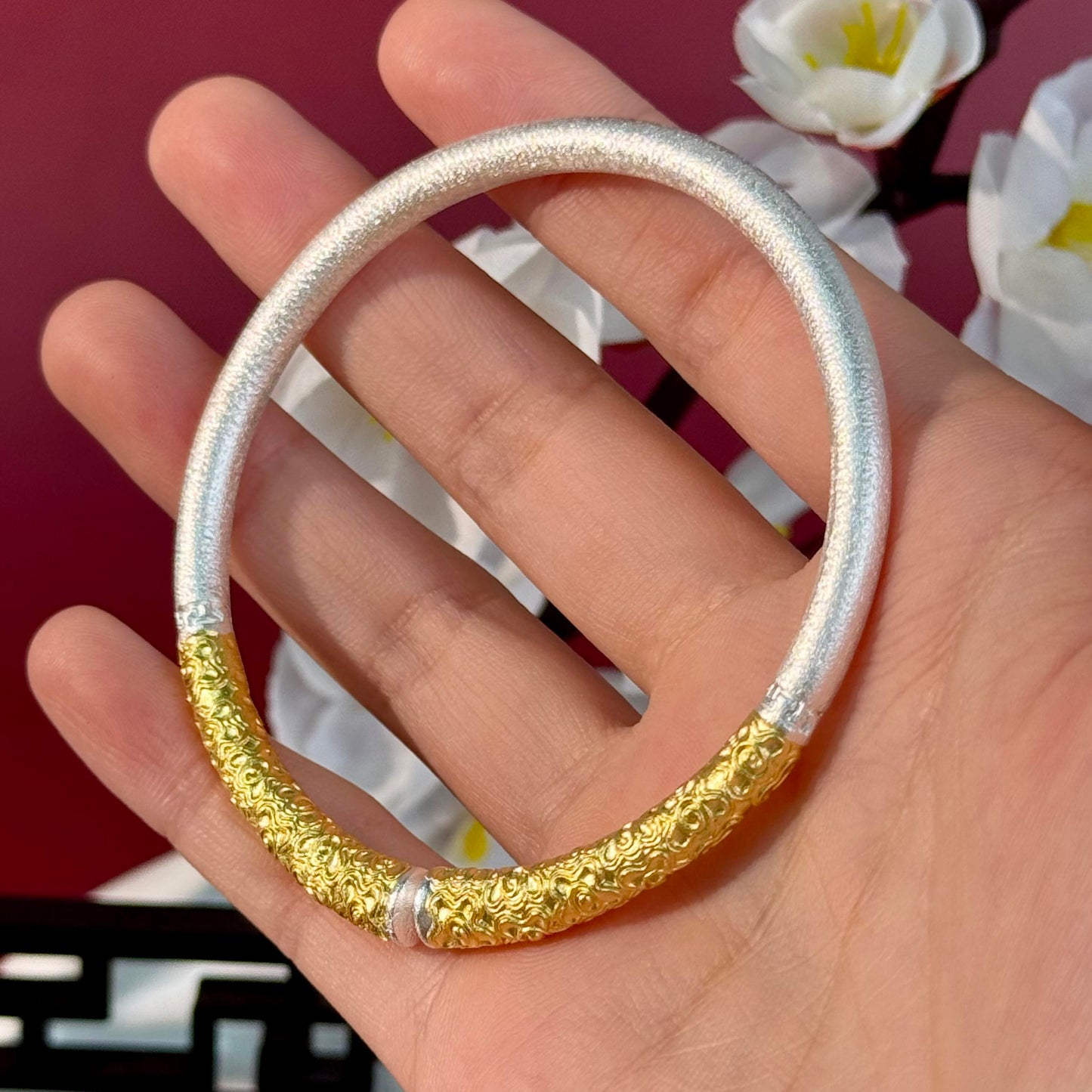 Silver with Gold Accents "Golden Cudgel" Themed Open Bangle – Playfulness on Wrist, Guochao Luxury Style | POD Customizable