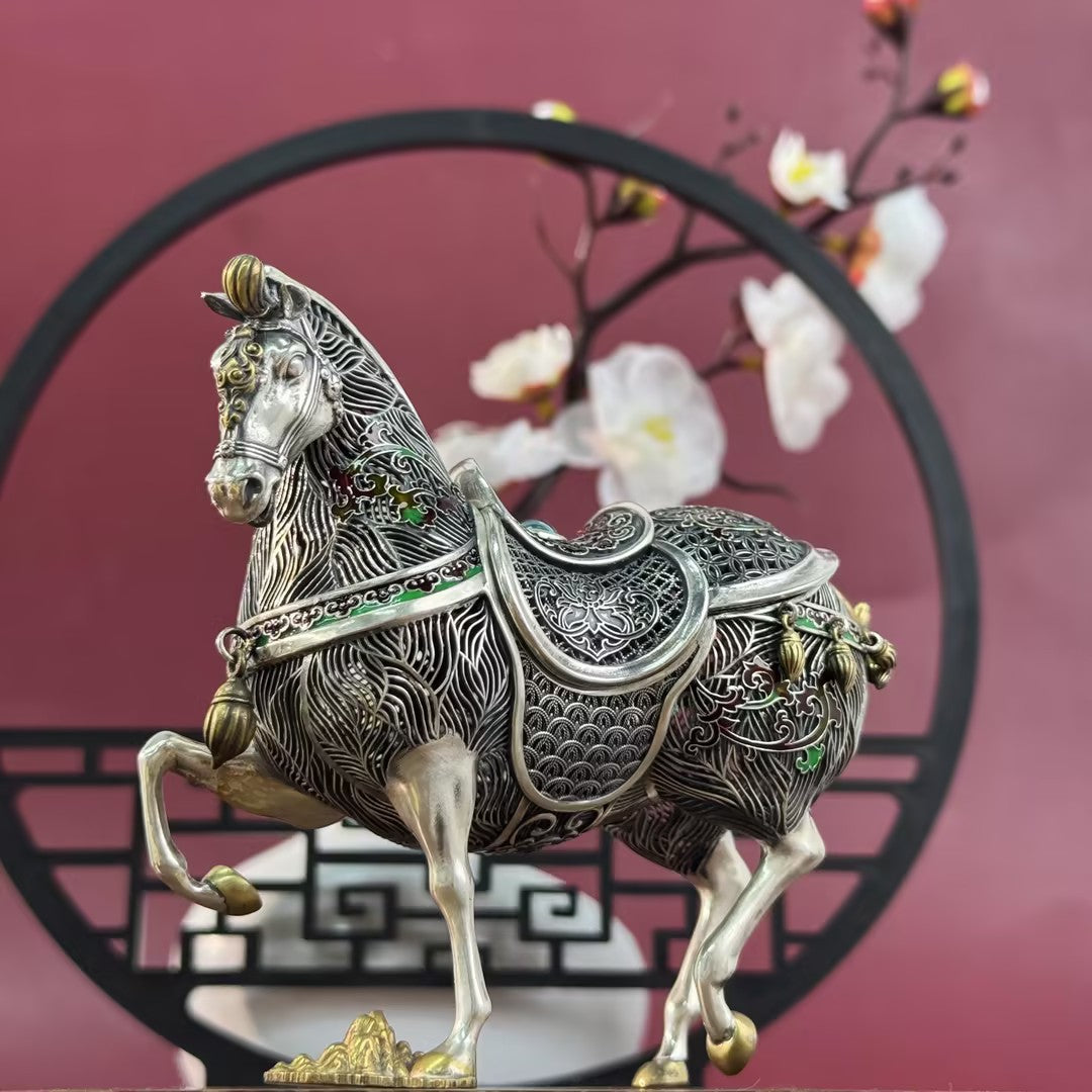 Pure Silver Filigree Enamel Horse Ornament – Silver-Carved Horse Treads on Clouds, Enamel Holds Auspiciousness | POD Customizable