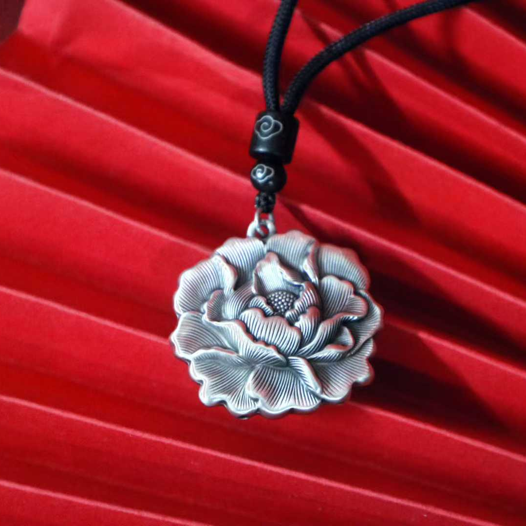 Retro Peony Solid Silver Pendant – Wear the Elegance of China’s "National Flower" as a Romantic Chinese-Style Accessory | POD Customizable