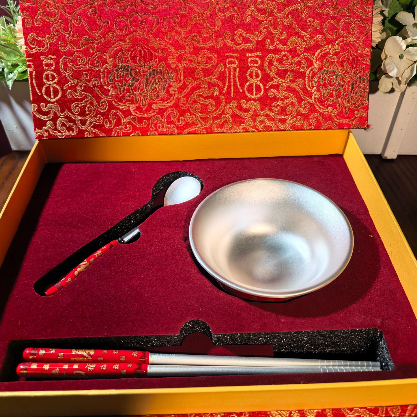 High-Grade Fine Silver Homeware: Large Red Auspicious Silver Bowl Chinese-Style Silverware with Vintage Polished Finish | POD Customizable