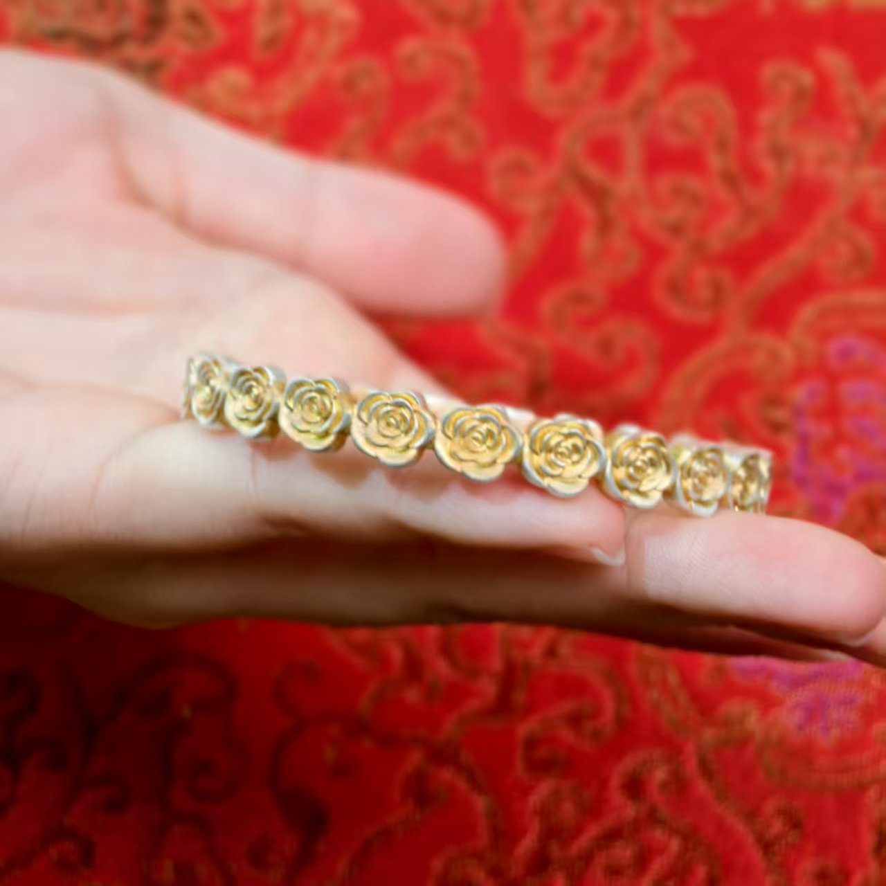 Luxury Rose-Patterned Gold-Plated Bracelet Sterling Silver Traditional-Style Bangle Ideal Gift | POD Customizable