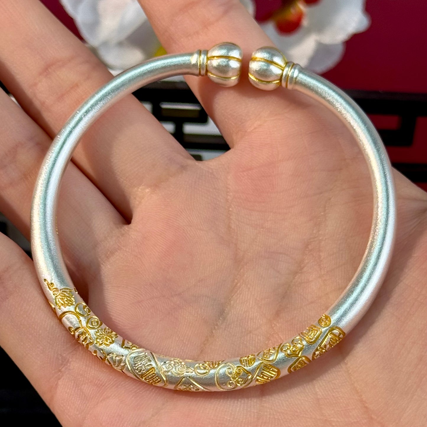 Silver with Gold Accents "Gilded Pumpkin Head · Hundred Blessings & Lotus Pattern" Open Bangle – Auspicious Pumpkin on Wrist, Blessings Wrapped in Tenderness | POD Customizable