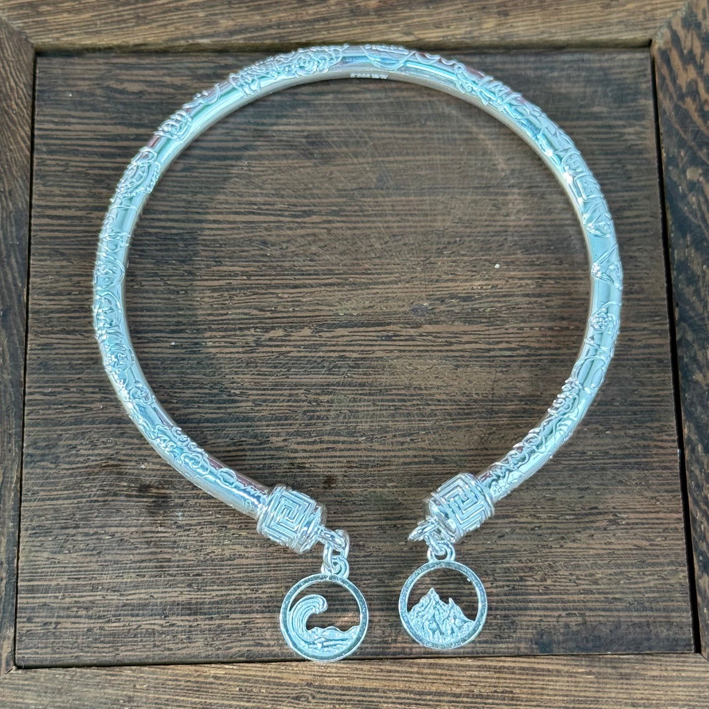 Pure Silver Mountain & Sea Pattern Bangle – World in Your Wrist, Rivers & Peaks in Silver | POD Customizable