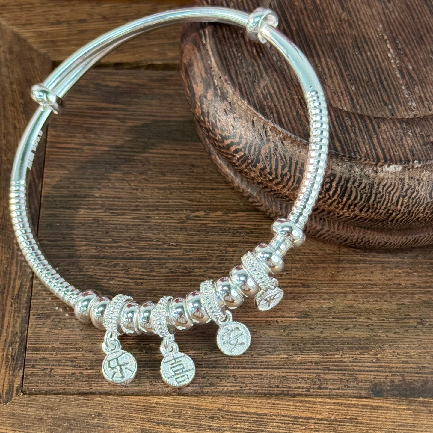 Silver "Peace & Joy" Adjustable Bangle | POD Customizable