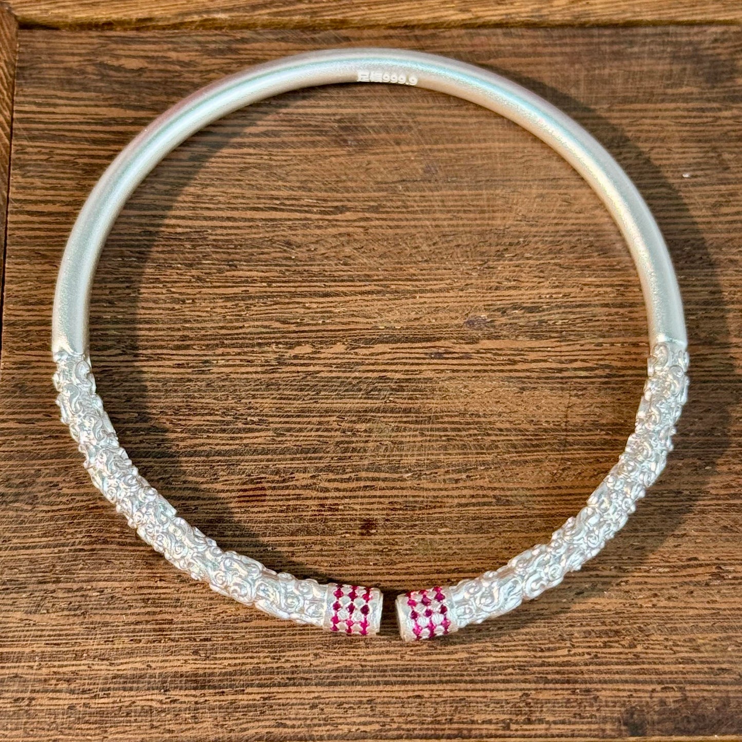 Silver with Diamond Accents "Intertwined Branch Charm" Open Bangle – Silver Texture with Red Accents, Elegant Atmosphere on Wrist | POD Customizable