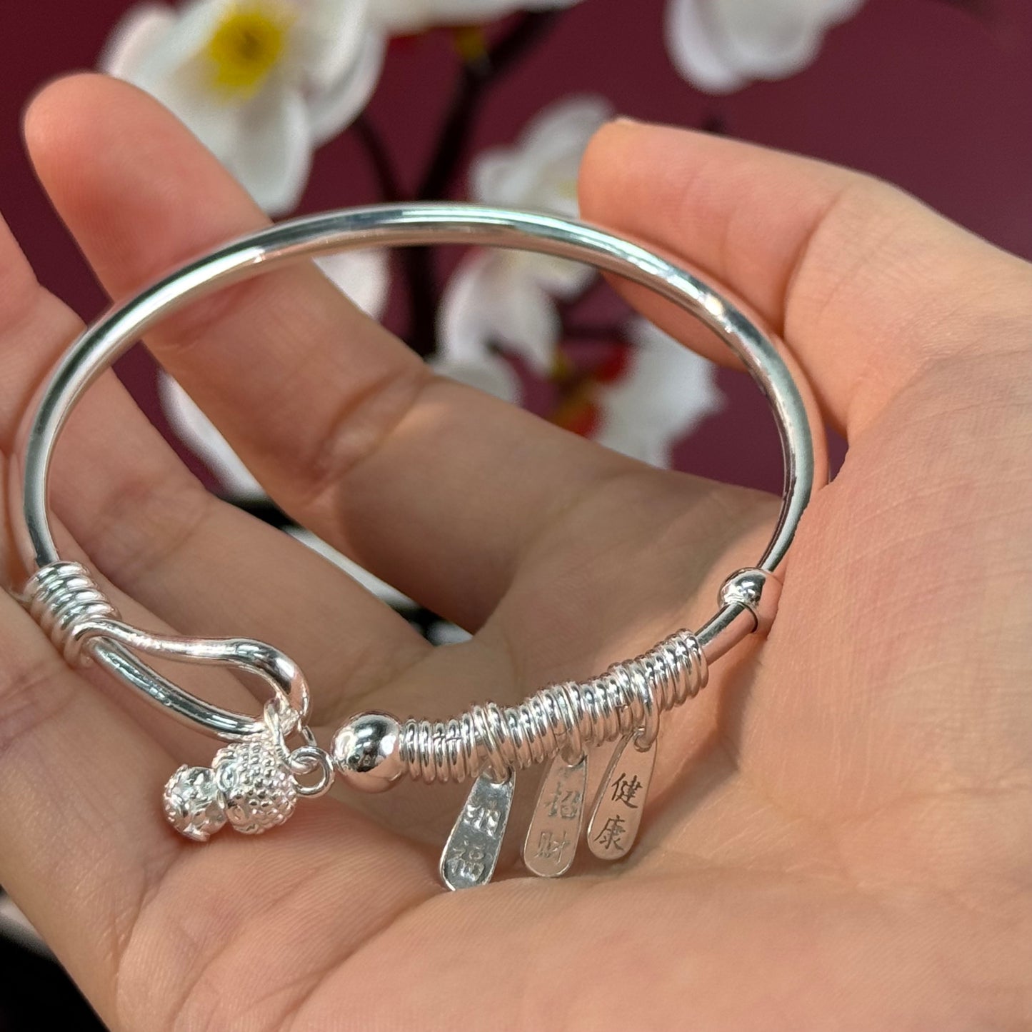 Pure Silver Braided Wire Pendant Bangle – Lucky Charms on Wrist, Delicate & Blessed | POD Customizable