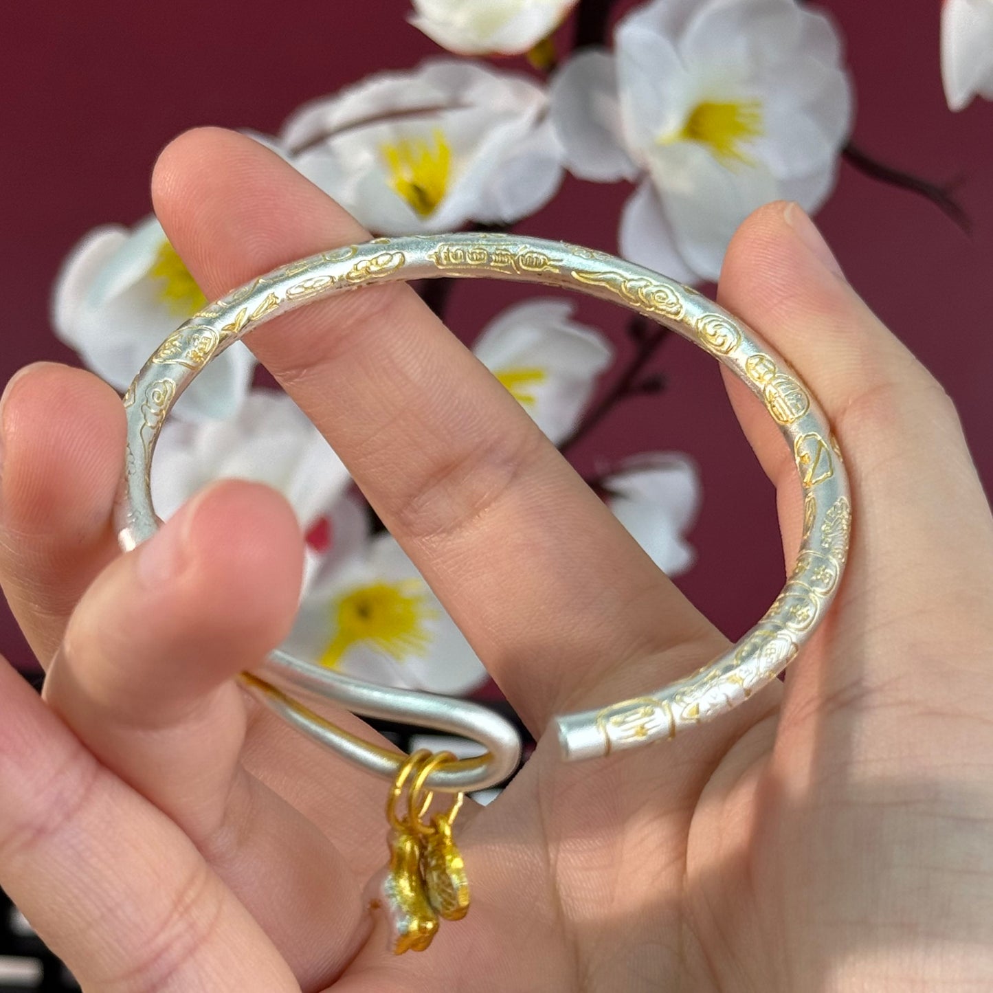 Solid Silver Gilded "Everything Goes Well" Adjustable Bracelet – Wear Sweet Good Fortune as a Vintage, Dynamic Wrist Token | POD Customizable