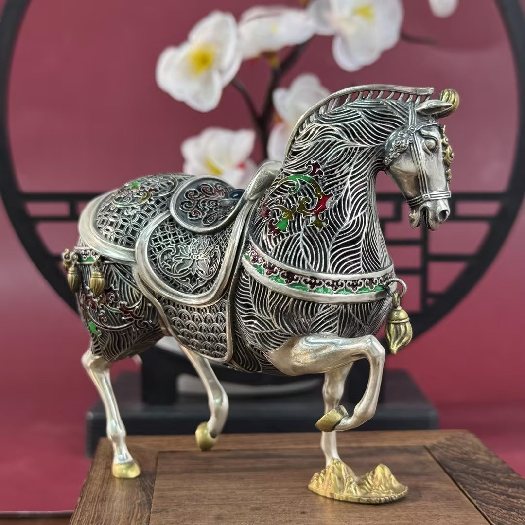 Pure Silver Filigree Enamel Horse Ornament – Silver-Carved Horse Treads on Clouds, Enamel Holds Auspiciousness | POD Customizable