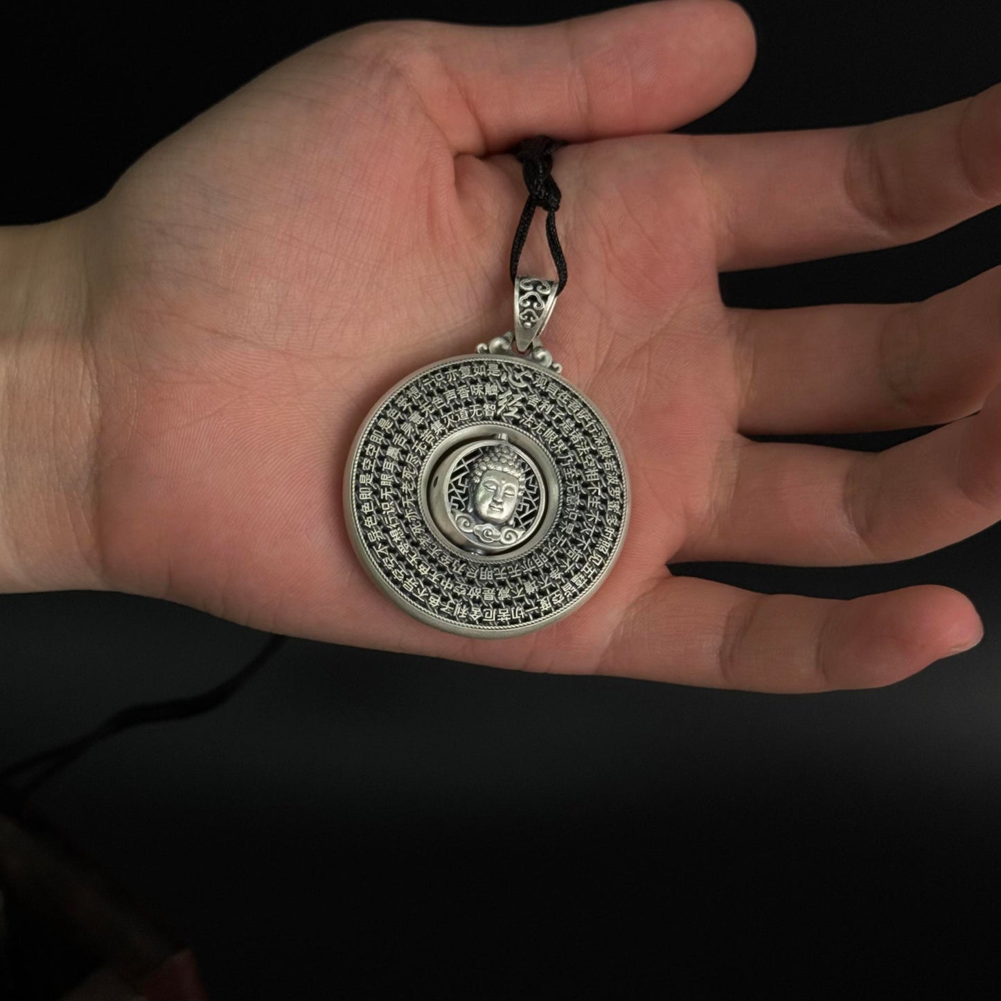 Solid Silver Rotatable Buddha Head & Heart Sutra Pendant – Carry Peaceful Blessings as a Portable Calm Token