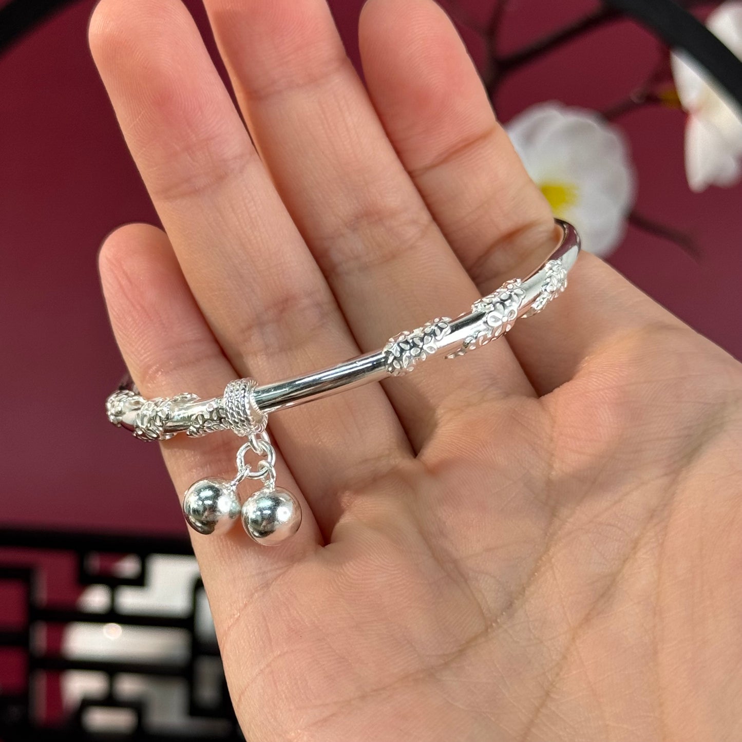 S925 Floral Motif Double Bell Bracelet—Blooming floral charm on your wrist, with the tinkling bells bringing joy. | POD Customizable